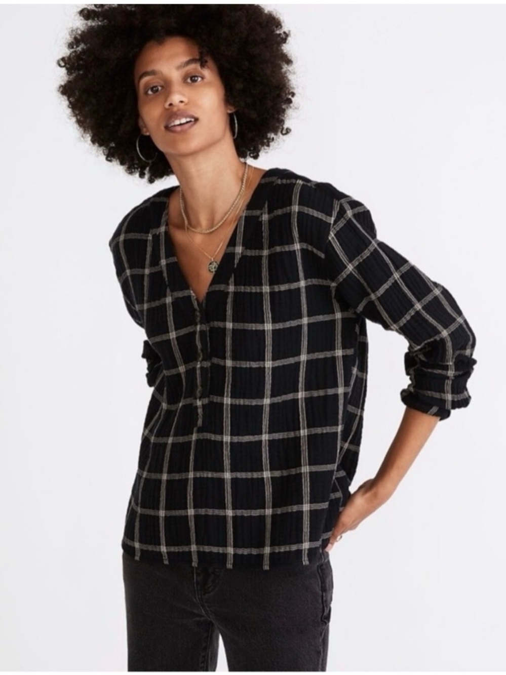 Madewell Black Windowpane V-Neck Tunic